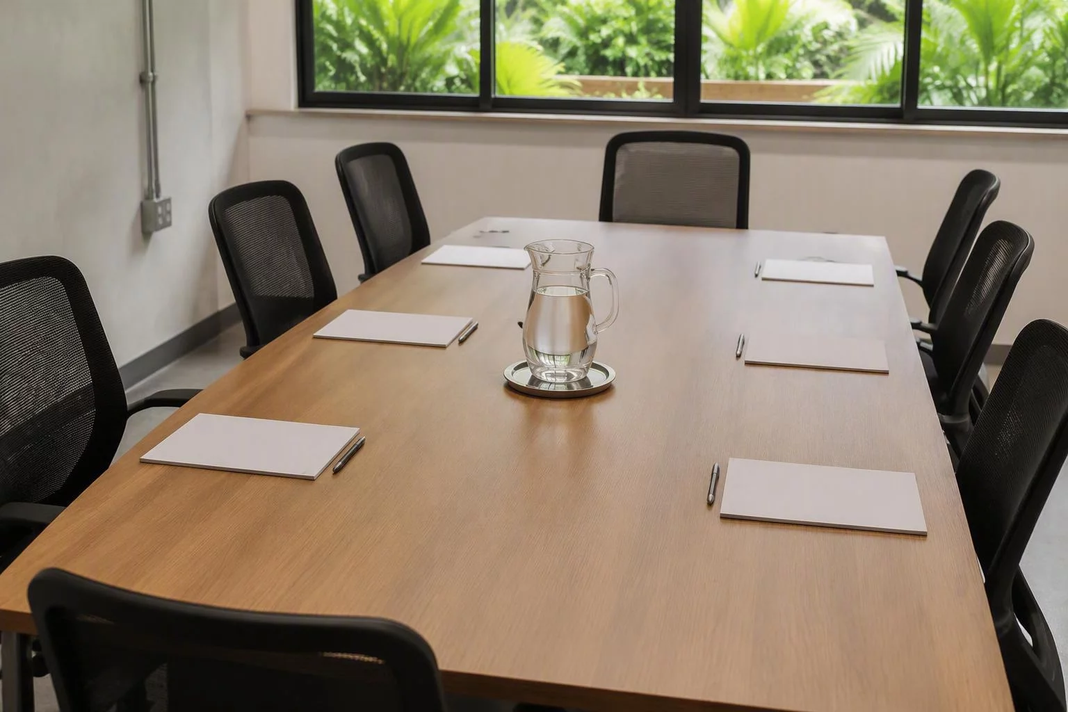 Cadeiras vazias em volta da mesa de reunião antes do encontro